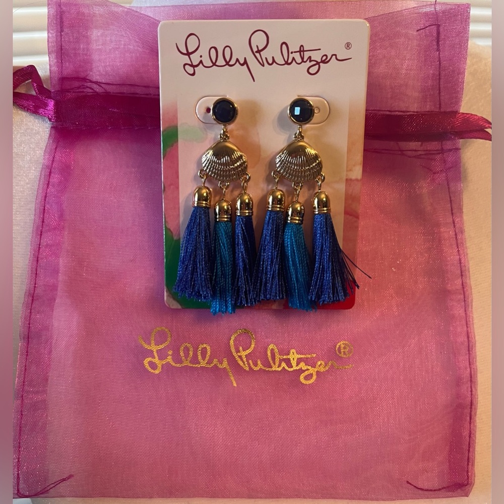 Lilly Pulitzer Blue Tassel and Gold Shell Earrings new with bag